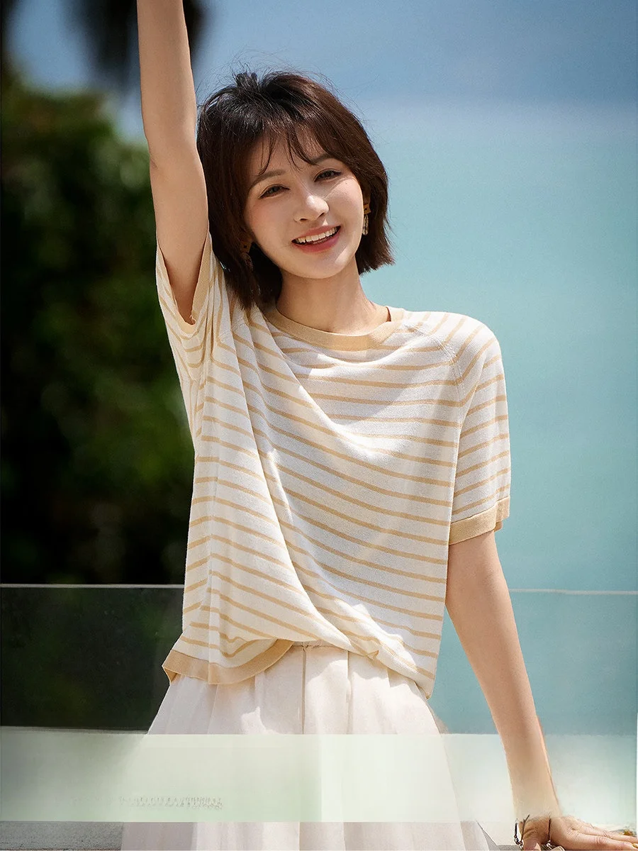 

Classic Nautical Striped Knit Shirt Women's Summer Refreshing Style Soft Acetate Fiber Cotton Blend Short Sleeve round Neck