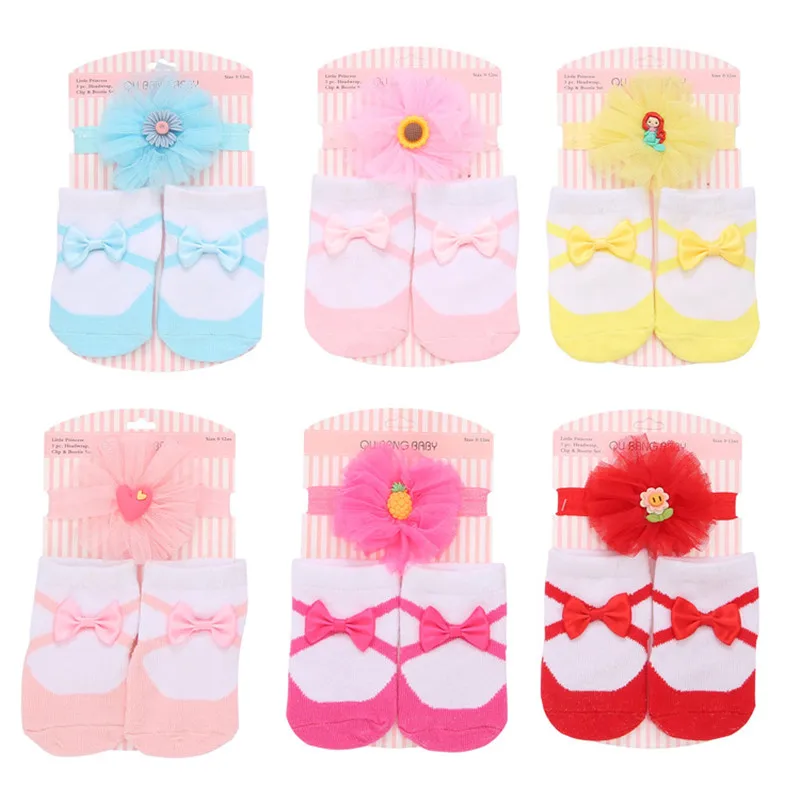 3Pcs Baby Socks Headbands Set Lace Flower Bows Crown Newborn Girl Short Socks Anti Slip Christmas Infant Toddler Socks Hairband