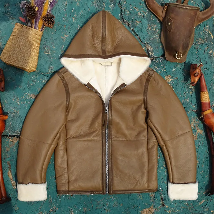 

Real Leather eepskin Coat Men's Hooded One-Piece Warmth Cold Resistant Loose Fit Long Sve Zipper Closure Traditional Sle