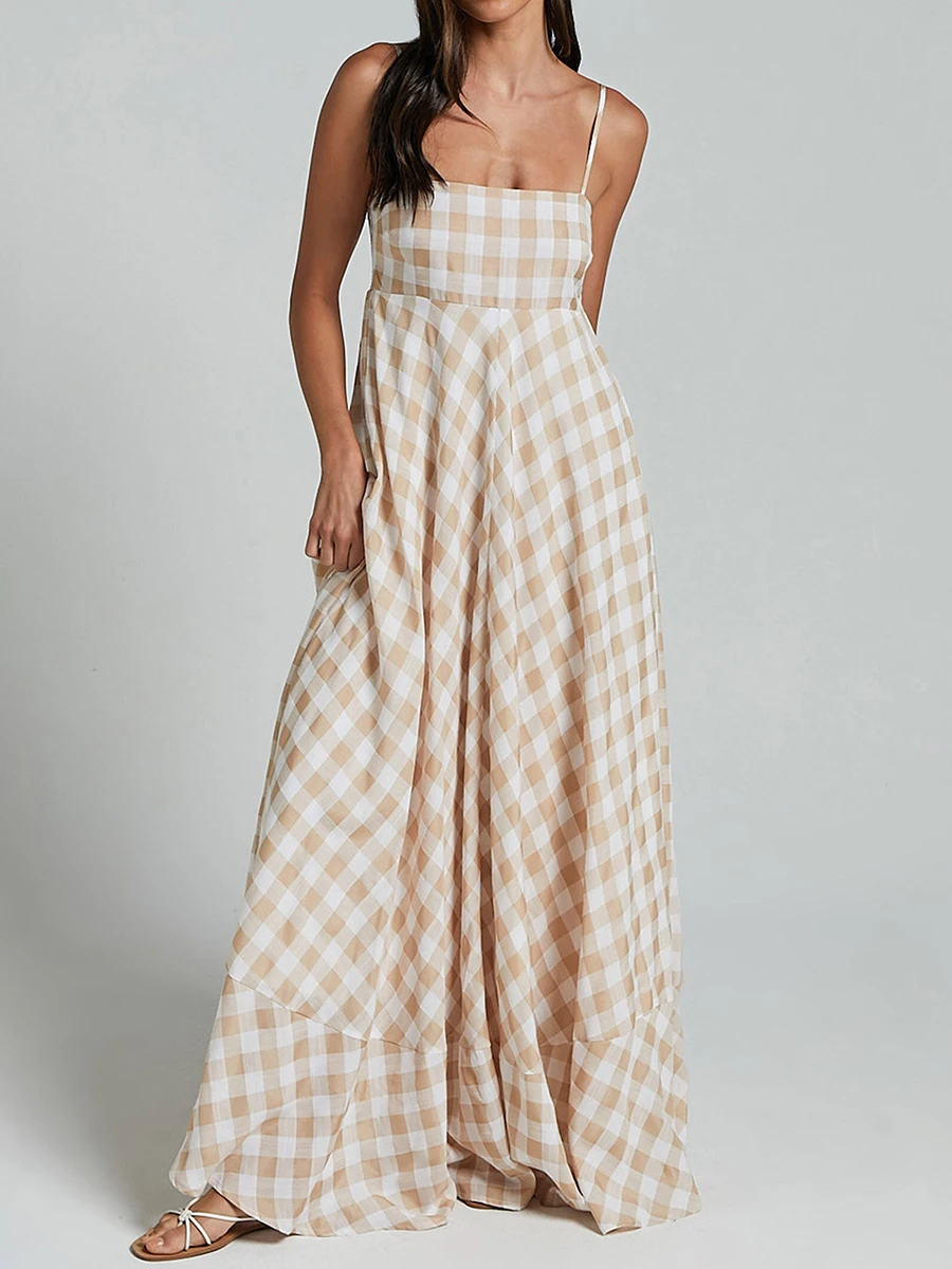 Women Plaid Maxi Cami Dress Spaghetti Strap Boho Long Dress Backless Flowy Sundress Checkered Print Beach Dress