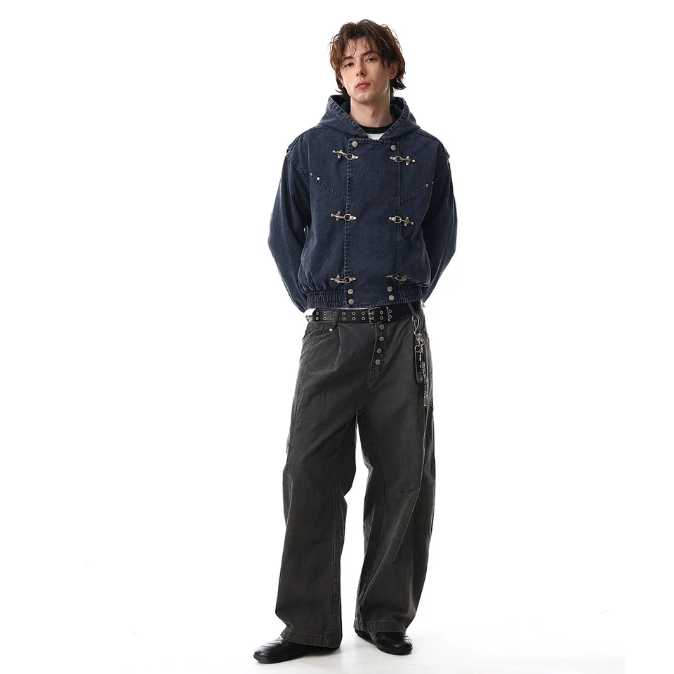 Vintage Washed Denim Jacket Men's Y2K Grunge Hooded Coat High