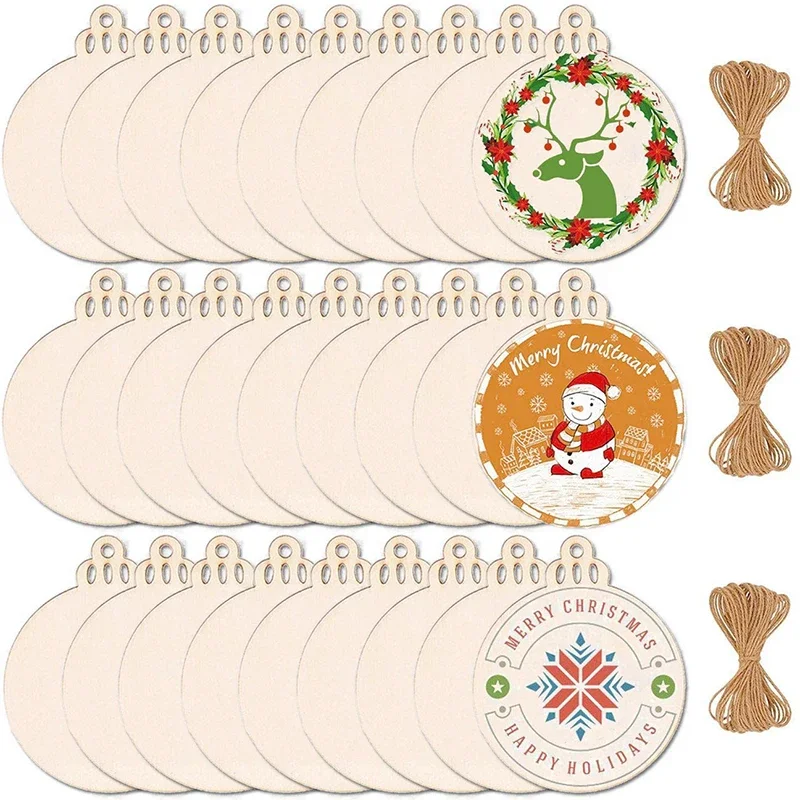 

20 шт. рождественские деревянные диски незавершенные пустые деревянные подвески украшения с пеньковой веревкой для DIY ремесла Рождественский декор