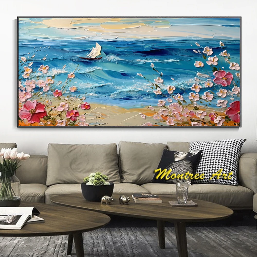 Hand Painted Oil Painting Blue Ocean Scenery Hand Knife Painting White Wave Texture Wall Art Pink Sakura Original Oil Painting