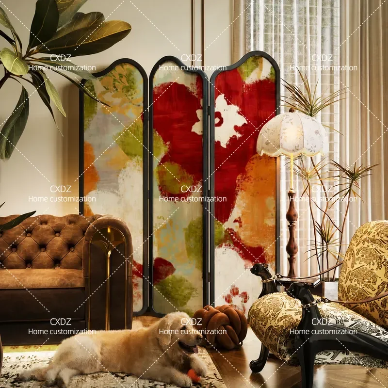 French Style Folding Mobile Screen Partition for Living Room Porch Balcony Bedroom Bedside Decorative Room Divider Privacy