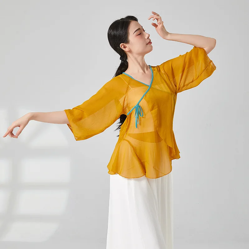 Classical Dance Top Women Guaze Mesh Cardigan Shirt Middle Sleeve Flowy Tied Stage Clothes Performance Costume Casual Blouse New