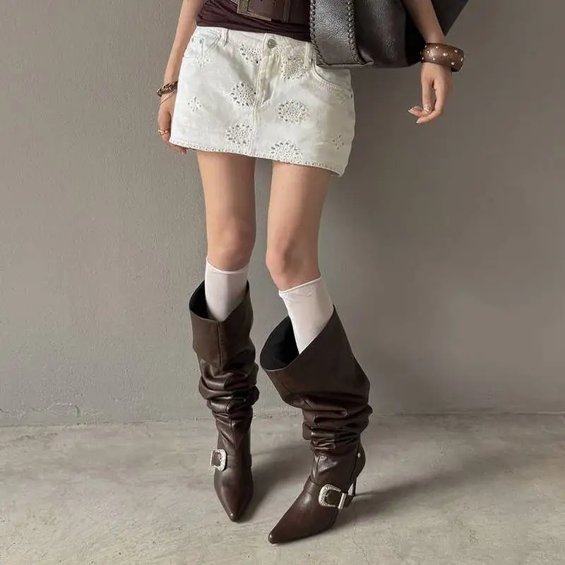 Microfiber Pointed Knee High Boots Stiletto Heel Buckle Decor Rubber Sole Cow Leather Insole European Style Daily Women BootsF50