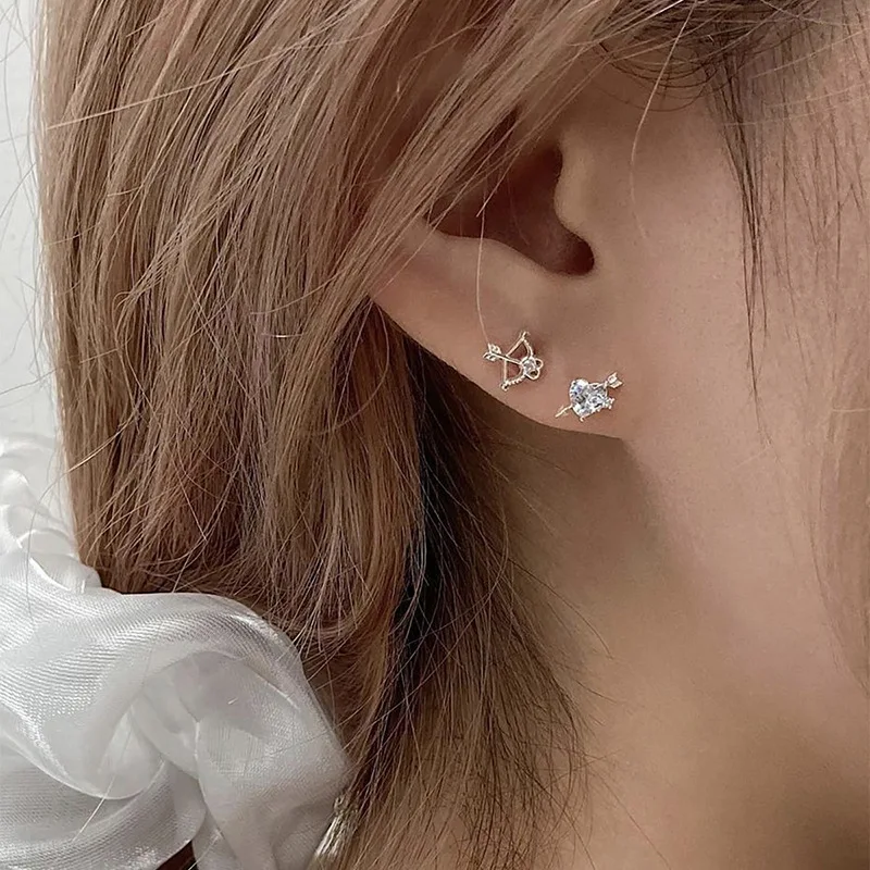 925 Silver Needles Asymmetric Stud Earrings Arrow Through Heart Cupid Zircon Earring for Women Simple Ear Piercing Jewelry