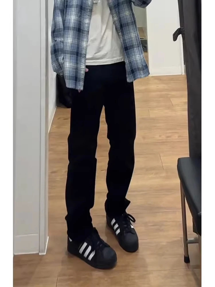 

American High Street Vibe Men's Slim Straight Jeans CleanFit Bla High Waist Slimming Long Trousers Trendy Cotton Polyester ...