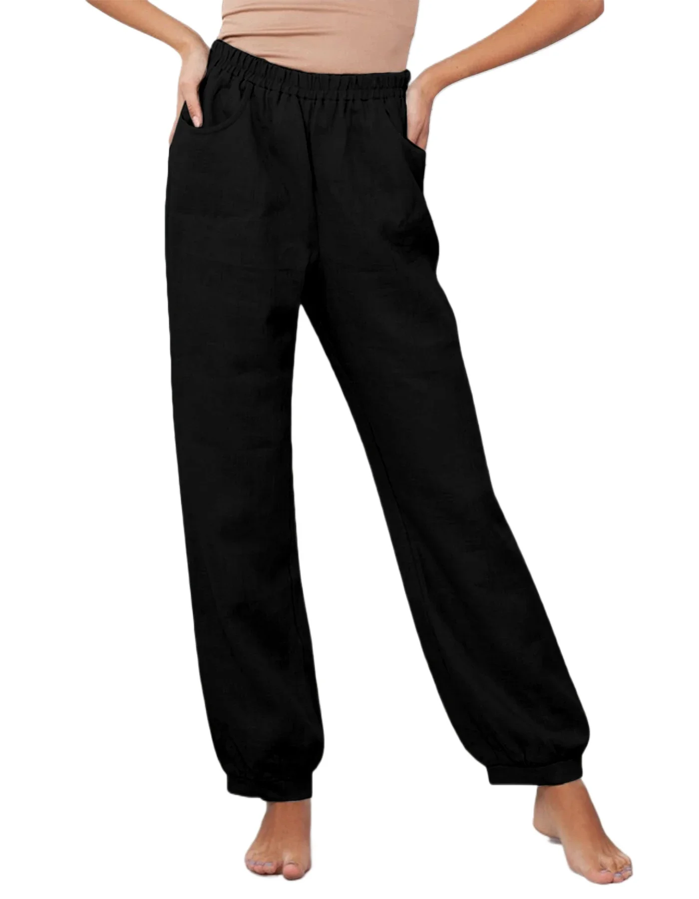 Women Casual Solid Pants High Waist Elastic Loose Fit with Pockets Comfortable Daily Trousers Daily Outfits Chic