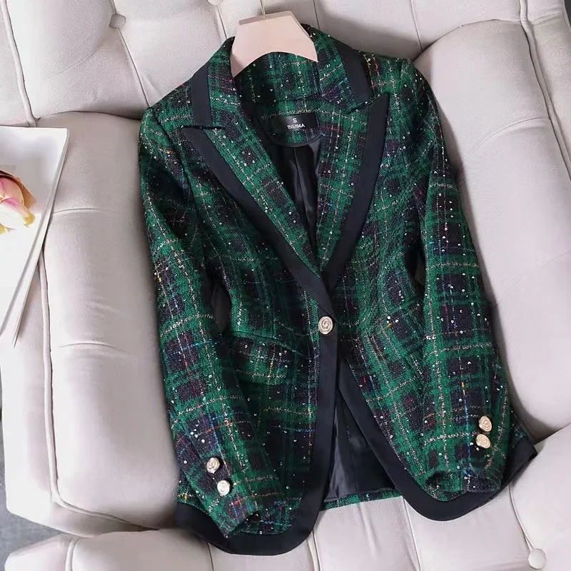 Tweed Blazers for Women 2024 New Vintage Chic Long Sleeve Plaid Coat Office Ladies Single Button Party Jacket Femal Tops Cloth