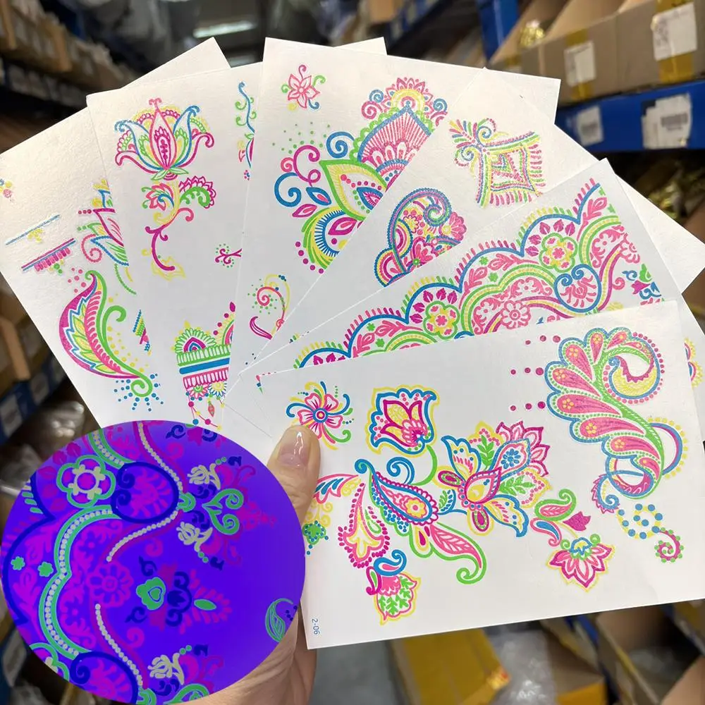 

6 шт. УФ неоновые временные татуировки наклейки цветок бабочка дизайн водостойкая светящаяся татуировка ночной клуб музыкальная вечеринка декор для макияжа тела