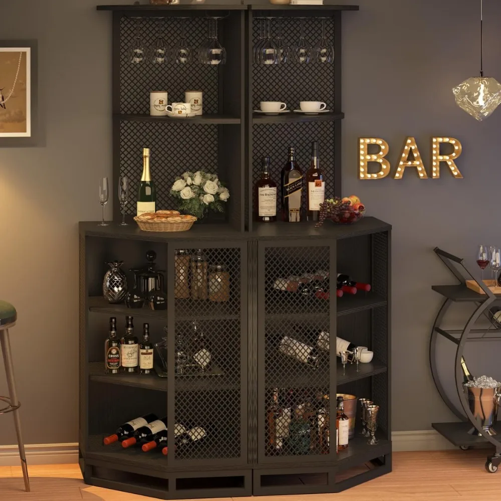 Hoekkast in industriële stijl met 5 planken en glazen rek voor thuisbaropslag