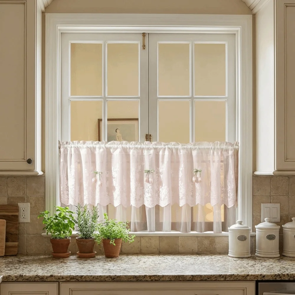 Pastoral Style Floral Lace Curtains Sheer Voile Dust-Proof Embroidered Curtains Light Blocking Lace Trim Short Curtains