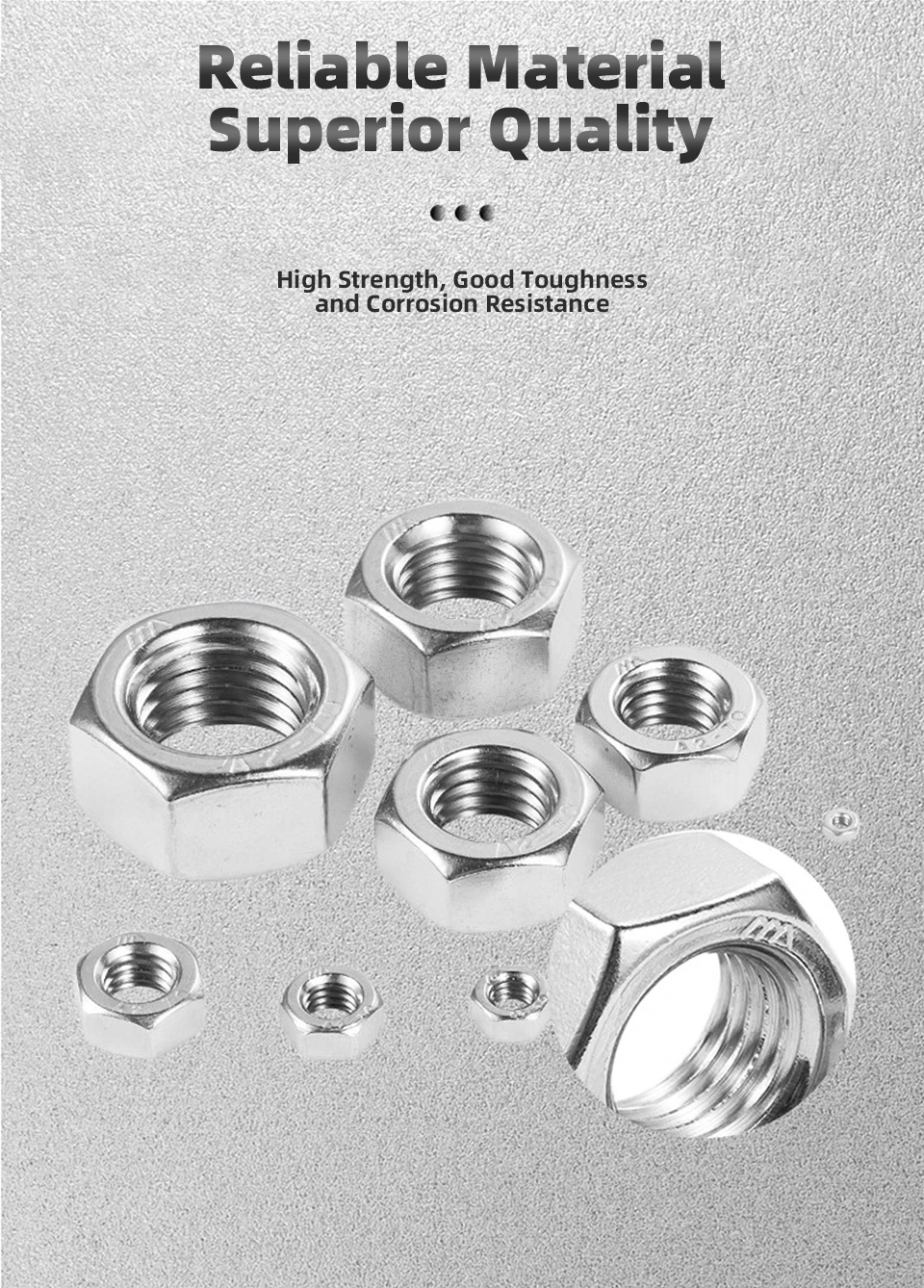 Sechskantmuttern 304/316 Edelstahl Sechskantmuttern A2/A4-70 Metrisches Gewinde Befestigungselemente M2 M3 M3,5 M4 M5 M6 M8 M10 M12 M14 M18-M30 DIN934 – Detail 7