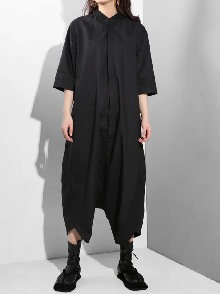 Loose Fit Women Black Wide Leg Long Jumpsuit New High Waist Pocket Stitch Pants Fashion Tide Spring Autumn