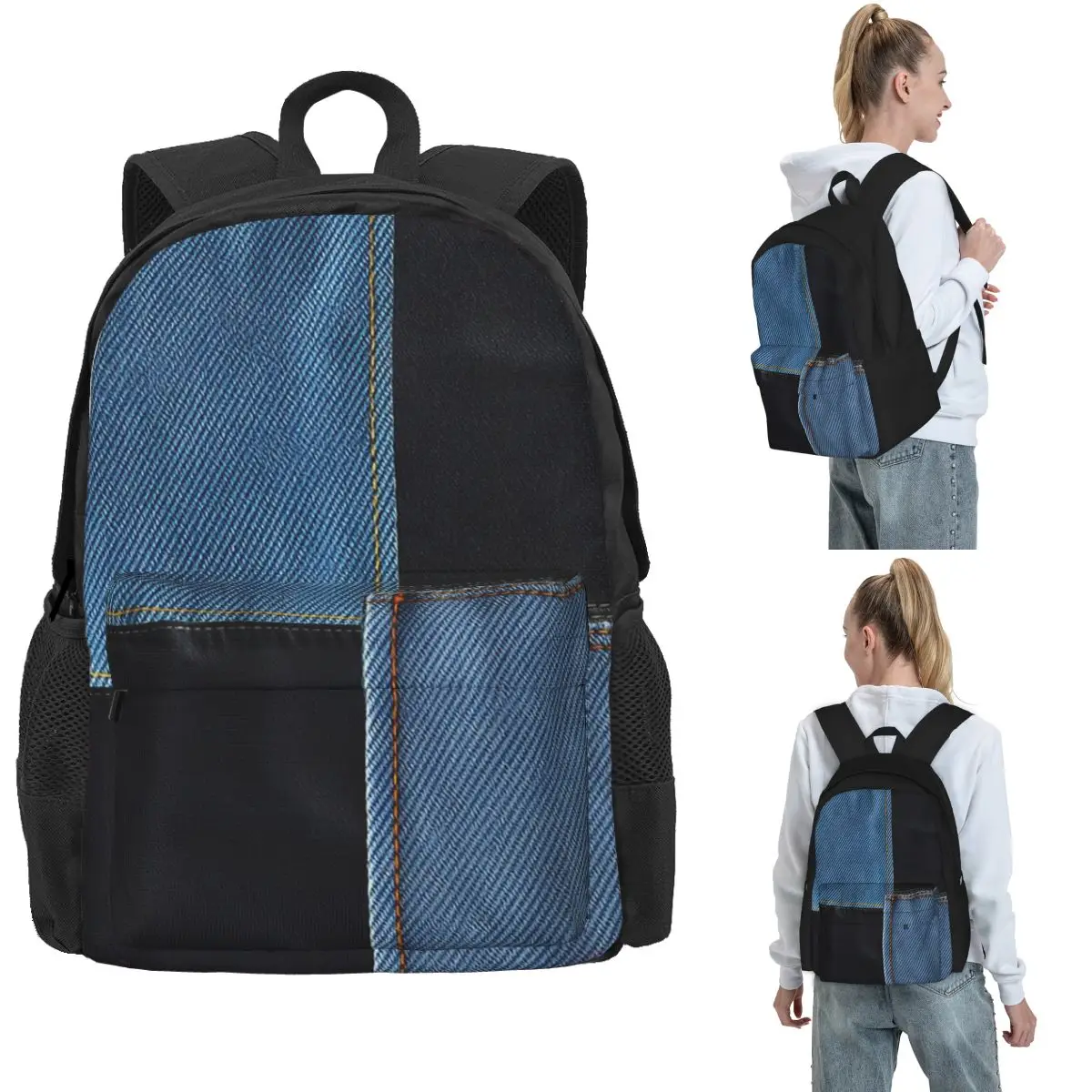 

Black And Blue Washed-Out Denim Patch Backpack Hot Sale Daypack Large Capacity BookBag School Bag Shoulder Bags for Men Women