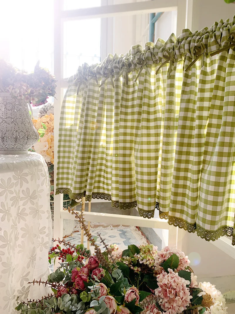 

American Korean Style Customized Rustic Grid Fabric Finished Product Bay Window Door Curtain Semi Short Curtain Long Curtain