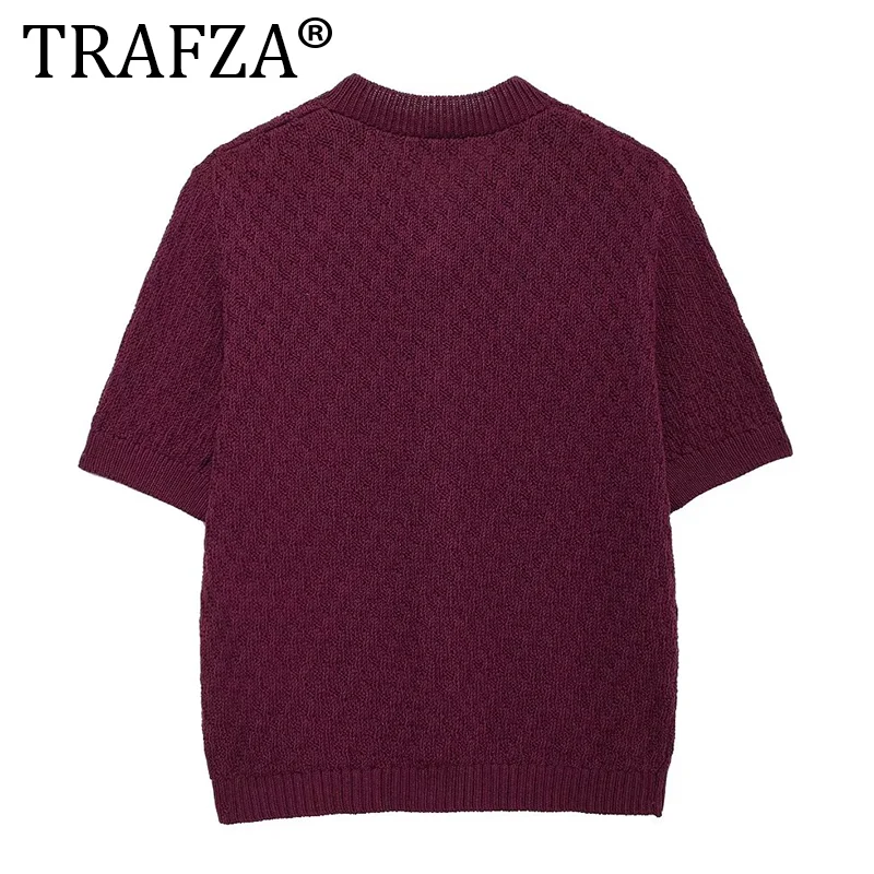 TRAFZA Solid Color Elastic Knitted Top Blue Jewelry Button Decoration Women's Short Top Design Sense High Quality Clothing