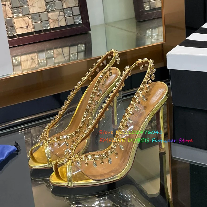 Gold Peep Toe Crystal High Heels Sandals Pvc Transparent Stiletos Wedding Shoes Rhinestone Slingback Fringe Shoes for Women