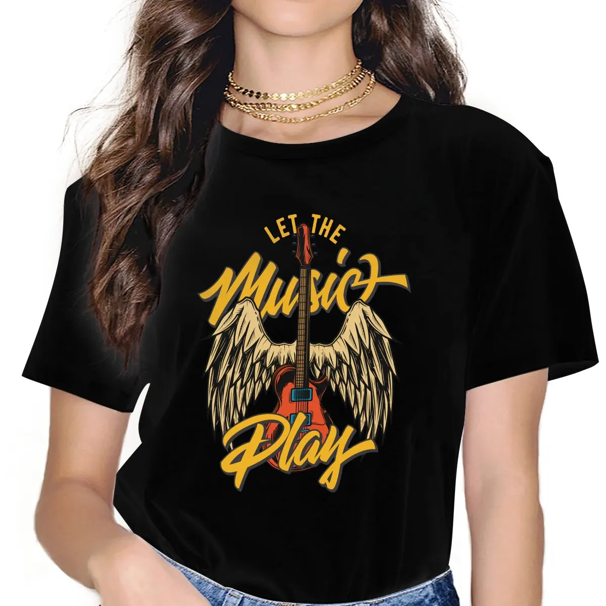 Let The Music Play Women T Shirts Guitar Rock Novelty Tee Shirt Short Sleeve Round Neck T-Shirts Printing Clothing