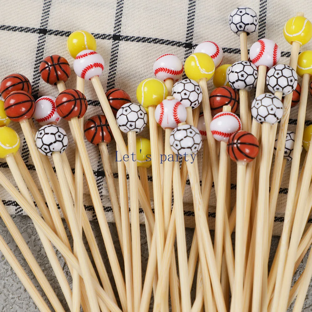 50Pcs Sports Football Theme Disposable Bamboo Skewers Food Picks Buffet Fruit Cocktail Fork Sticks for Kids Birthday Party Decor