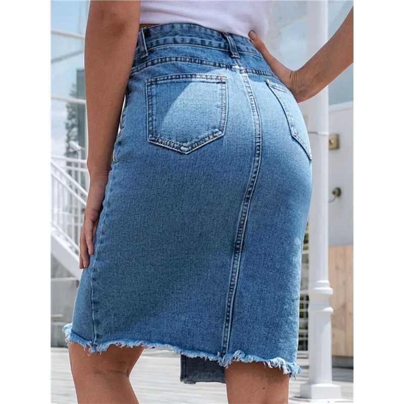 

AG-Women's High Waisted Split Front Raw Hem Bodycon Midi Denim Skirt