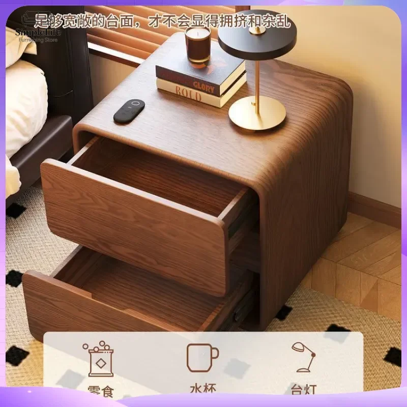 Solid Wood Bedside Table Modern Minimalist Walnut Nightstand with Drawer for Bedroom Living Room Small Space Storage