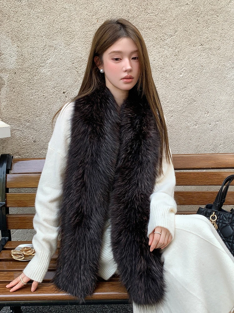 

New Women Winter Warm Real Fox Fur Scarf Lady Warm Soft Real Fur Knitted Shawl Wrap Long Style Natural Fur Neckerchief Scarves