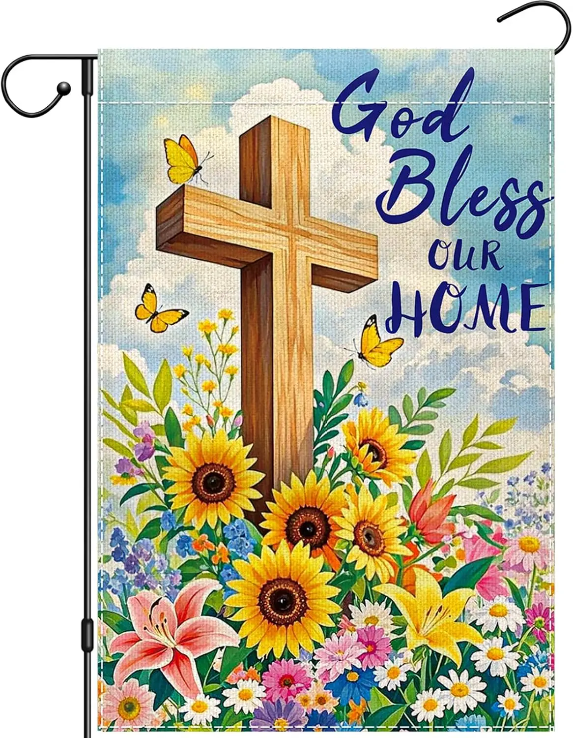 God Bless Our Home Garden Flag 12x18 Double Sided, Fall Cross Religious Garden Flags for Home Yard Decor, Sunflower Christia ZZM