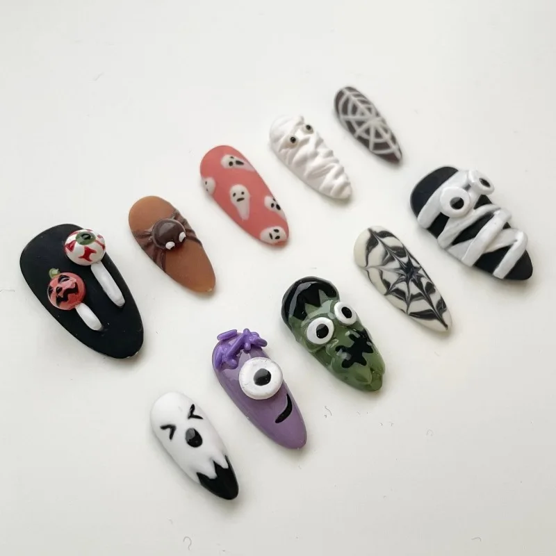 24Pcs Halloween Horror Press on Nail Mummy Bandage Spider Web Pumpkin Eye Fake Nail Short Almond False Nail for Women&Girl 2