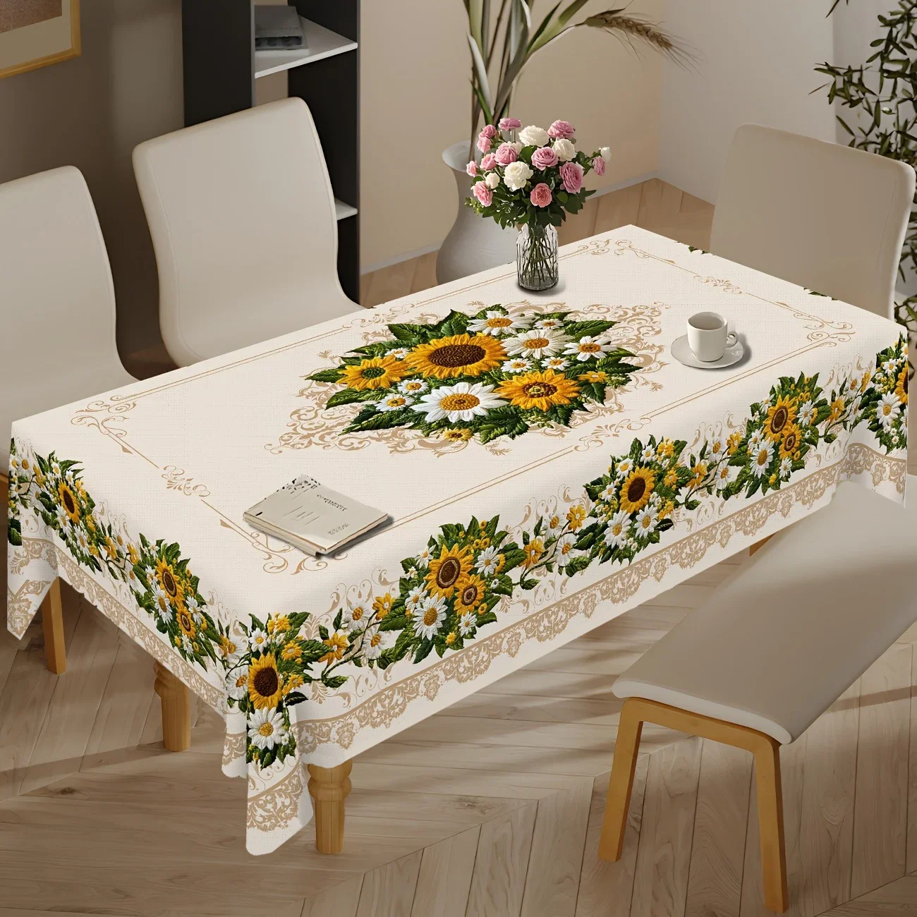 One vintage European country-style sunflower and daisy tablecloth - featuring European farmhouse floral patternsxzj
