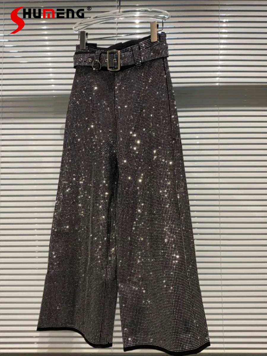 

Fashion 2024 Autumn New Full Body Hot Diamond Shiny Belt Design Wide Leg Pants Women's Trendy Pants Feminine Chic Nice Trousers