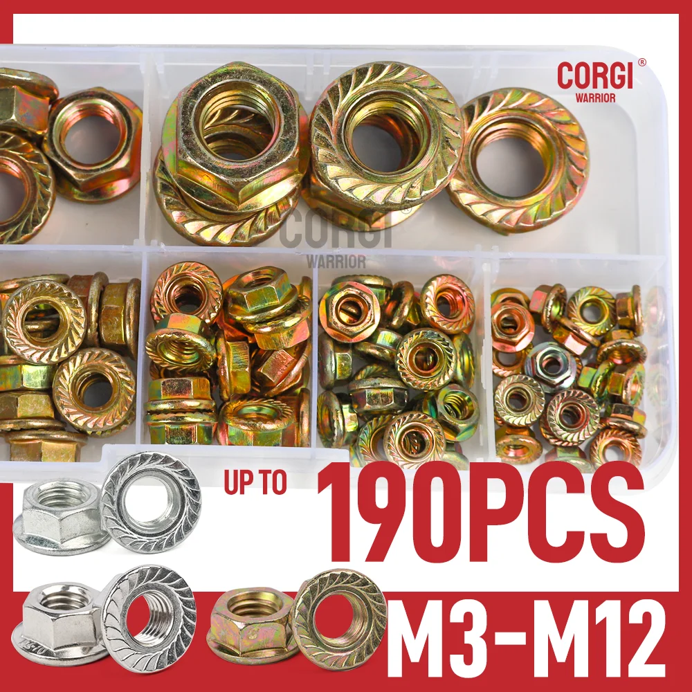 

87-190 7 Sizes Serrated Flange Hex Lock Nuts Assortment Kit M3 M4 M5 M6 M8 M10 M12 Stainless Steel and Yellow Zinc Plated Steel