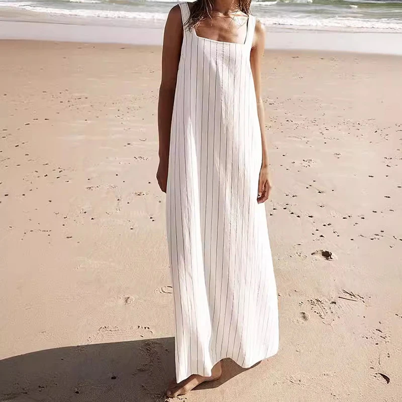 Robe longue rayée à encolure carrée pour femmes, robes Maxi pour femmes, robe de plage Boho, élégante et sexy, robe éducative, mode 2024