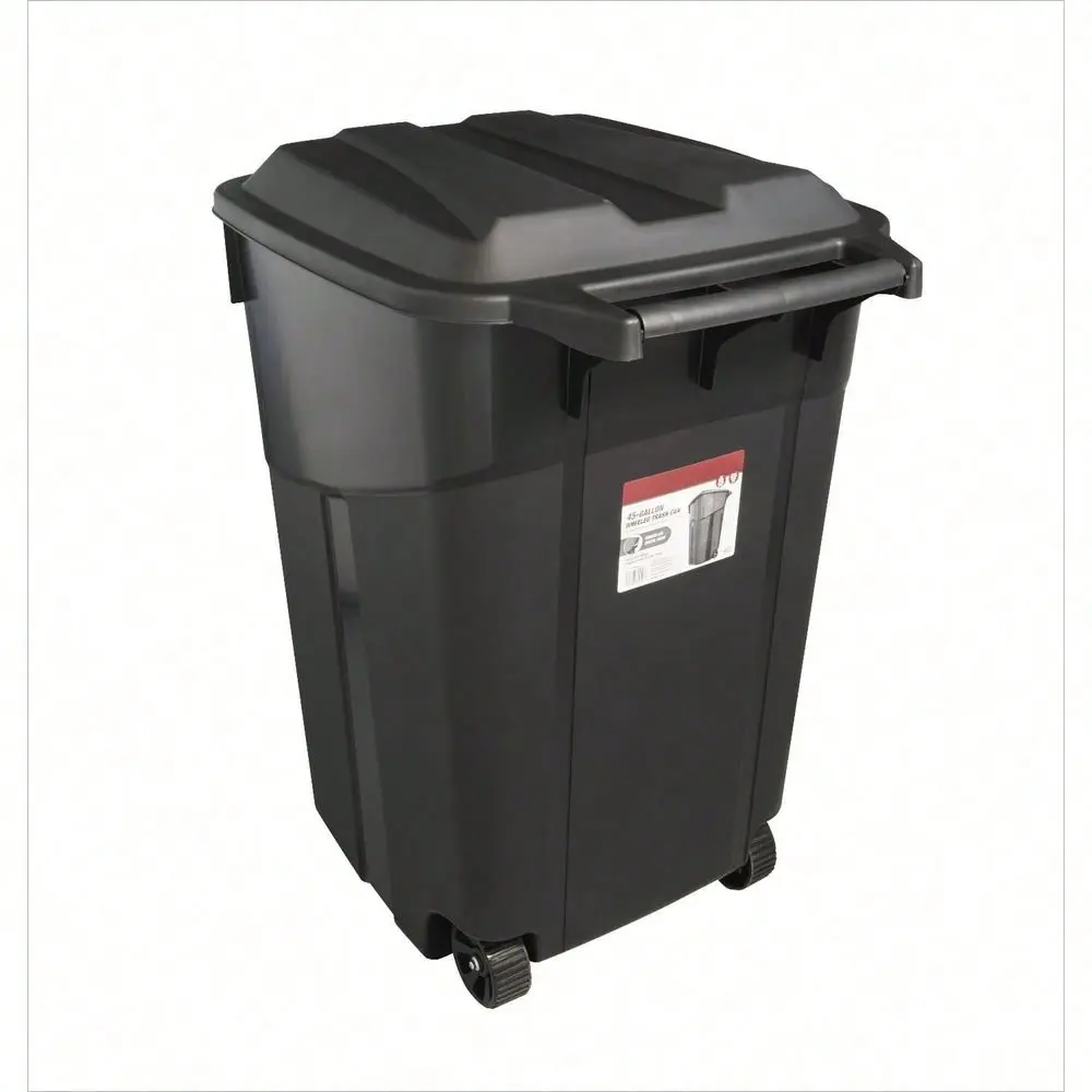 

45 Gallon Wheeled Heavy Duty Garbage Can, Attached Lid, Black
