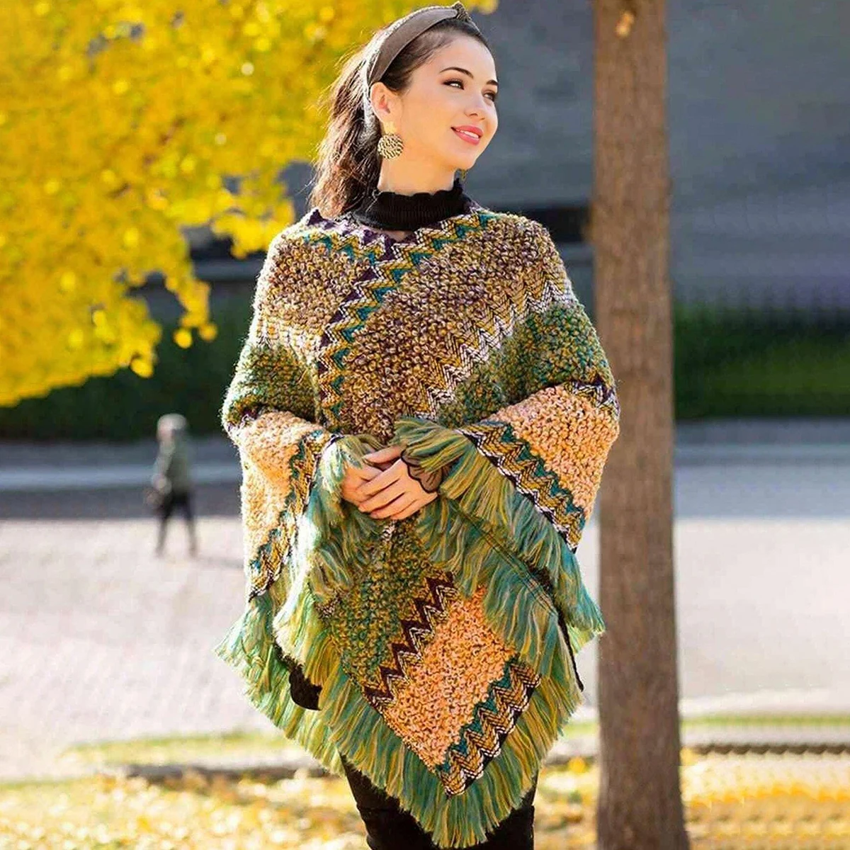 Women's Striped Cape Shawl, Dual-Purpose Bat Sleeve Asymmetrical Knit Sweater With Tassel Outwear For Spring Autumn Winter W