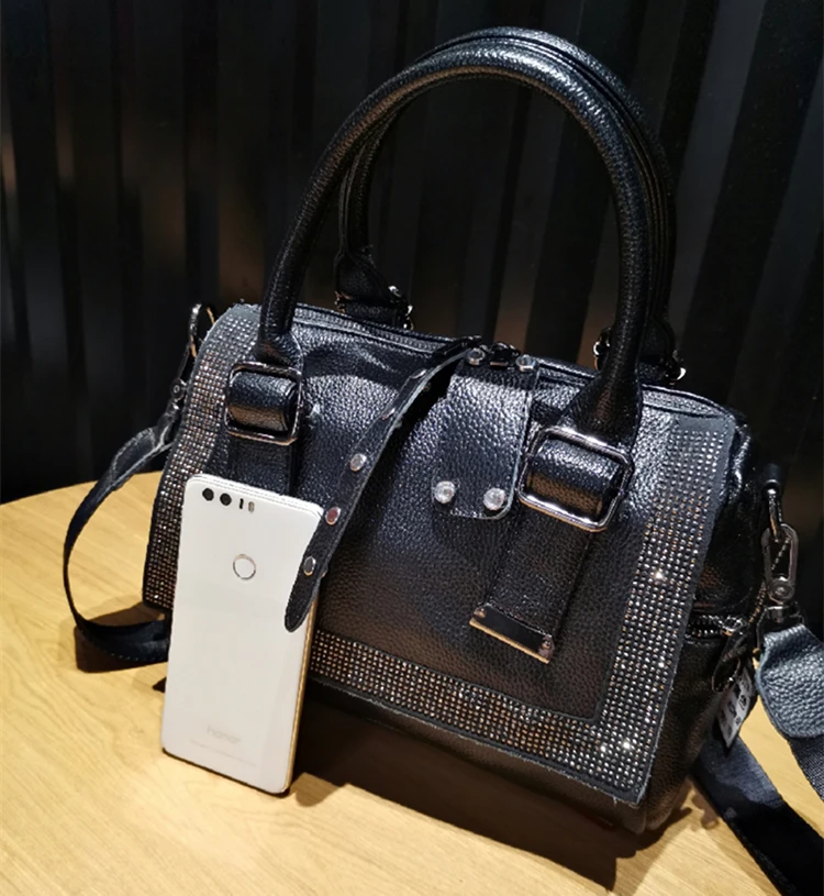 Female Fashion Vegan Leather Glitter Shiny Rhinestone Medium Size Boston Bag Short Handles Work Commuter Daily Side Shoulder Bag