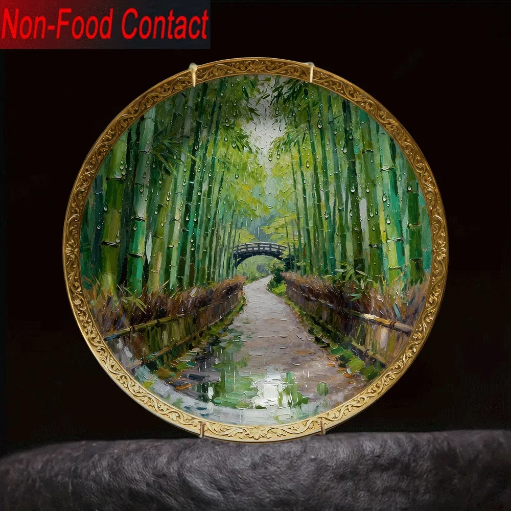 1pc Ceramic Decorative Plate - Bamboo Forest Landscape & Chinese Pavilion Round Art, Non- Ornamental Dish for Home Decor,