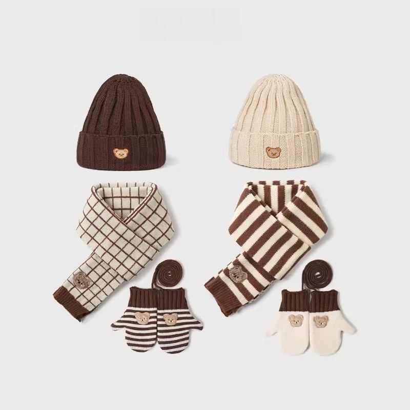 

Baby Boys And Girls Knitted Wool Hats with Winter Gloves And Warm Scarf - Children's Three-Piece Suit for Autumn And Winter