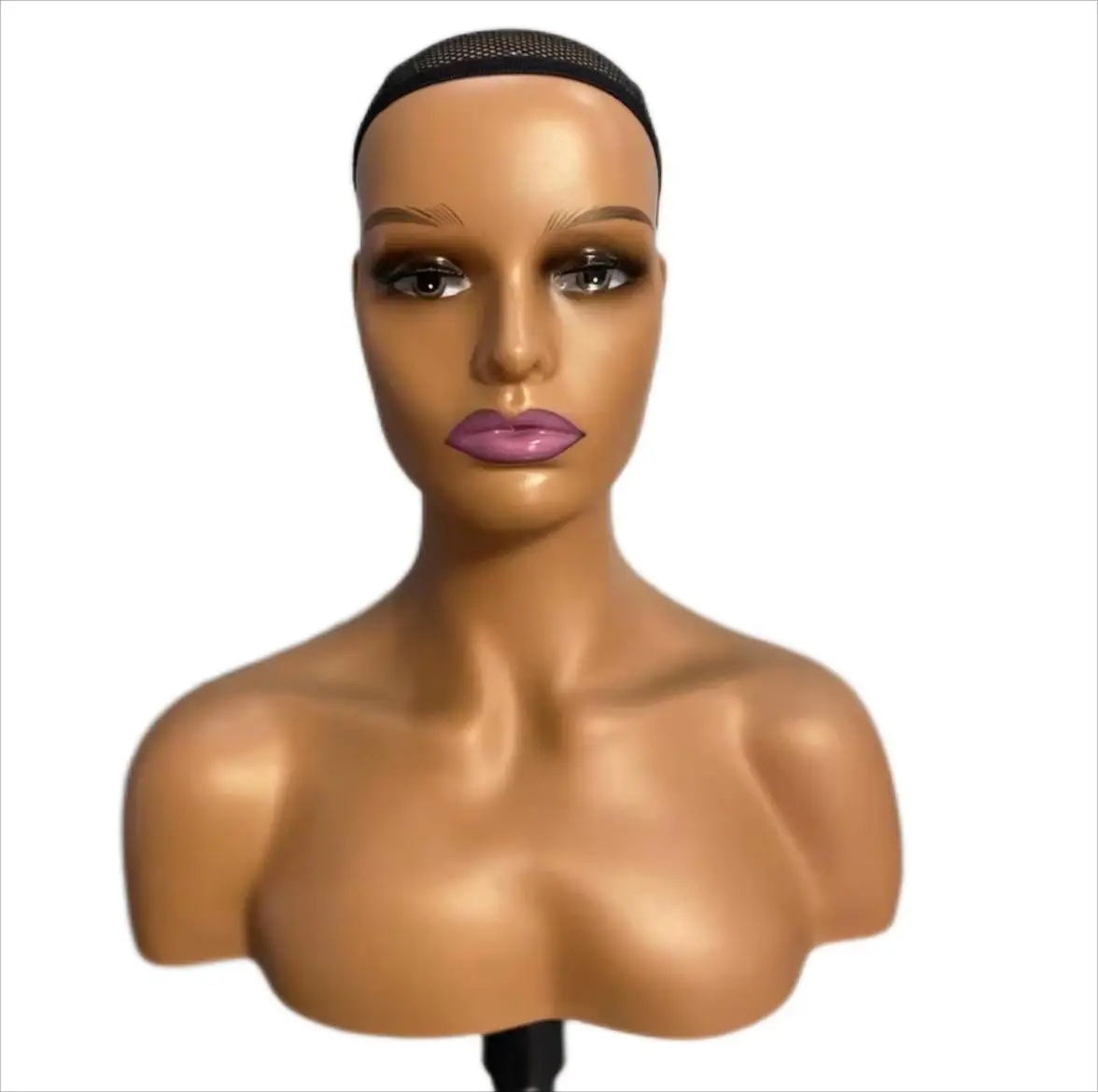 Factory Direct 2026 1 kg Grade 8A Realistic Make up Face African American Female Bust  Sitting PP Mannequin Head With Shoulder