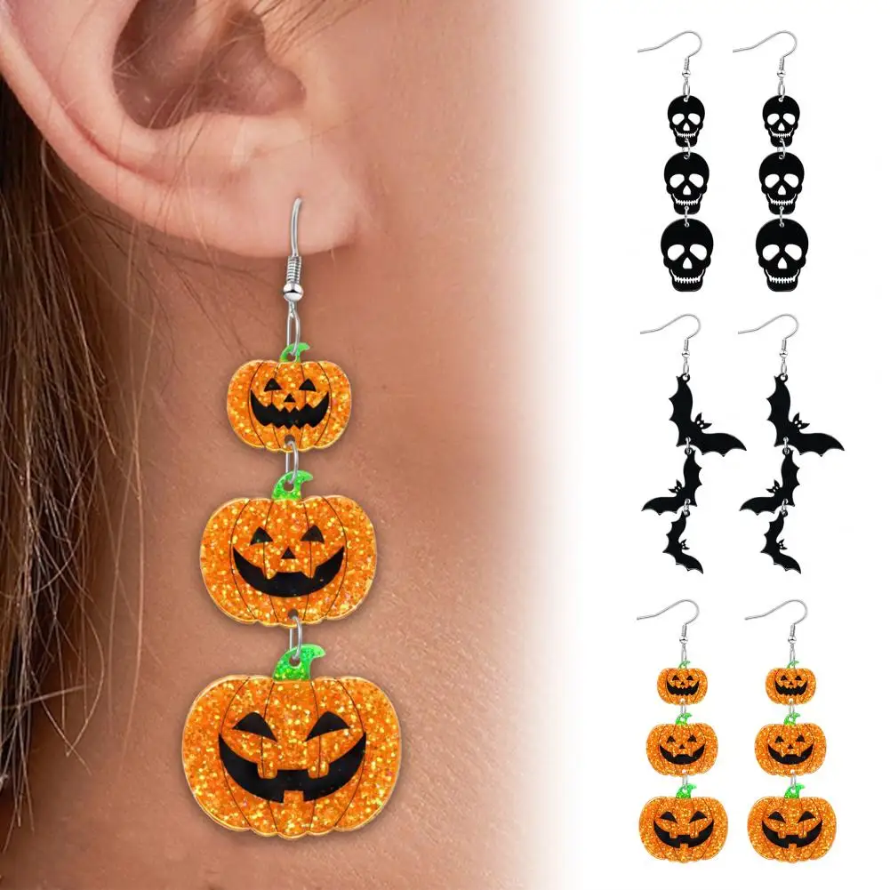 1 Pair Halloween Earrings for Women, Acrylic Gothic Dangle Earrings, Spooky Bat Pumpkin Skeleton Drop Earrings for Party Favors