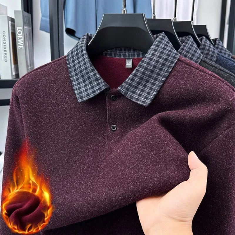 سترة منسوجة من طبقتين للرجال قميص بولو مزيج من الصوف، مبطن بالصوف سميك، ياقة منقوشة شتاء دافئ، أحمر أسود كحلي #1