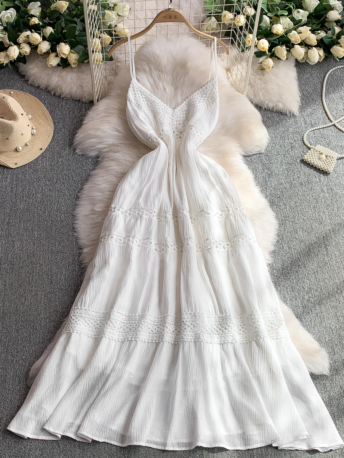 فستان نسائي طويل بتصميم بوهيمي مثير بظهر مكشوف وياقة على شكل V مع أشرطة، مزين بالدانتيل الأبيض، إصدار كوري مجوف على شكل حرف A #5