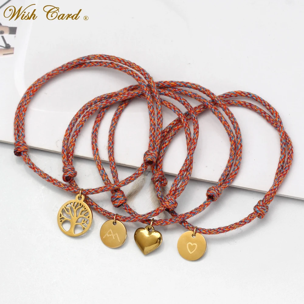 WISH CARD Adjustable Braided Woven Rope Bracelelt Heart Round Charm Bracelet for Women Men Girls Female Party Fashion Jewelry