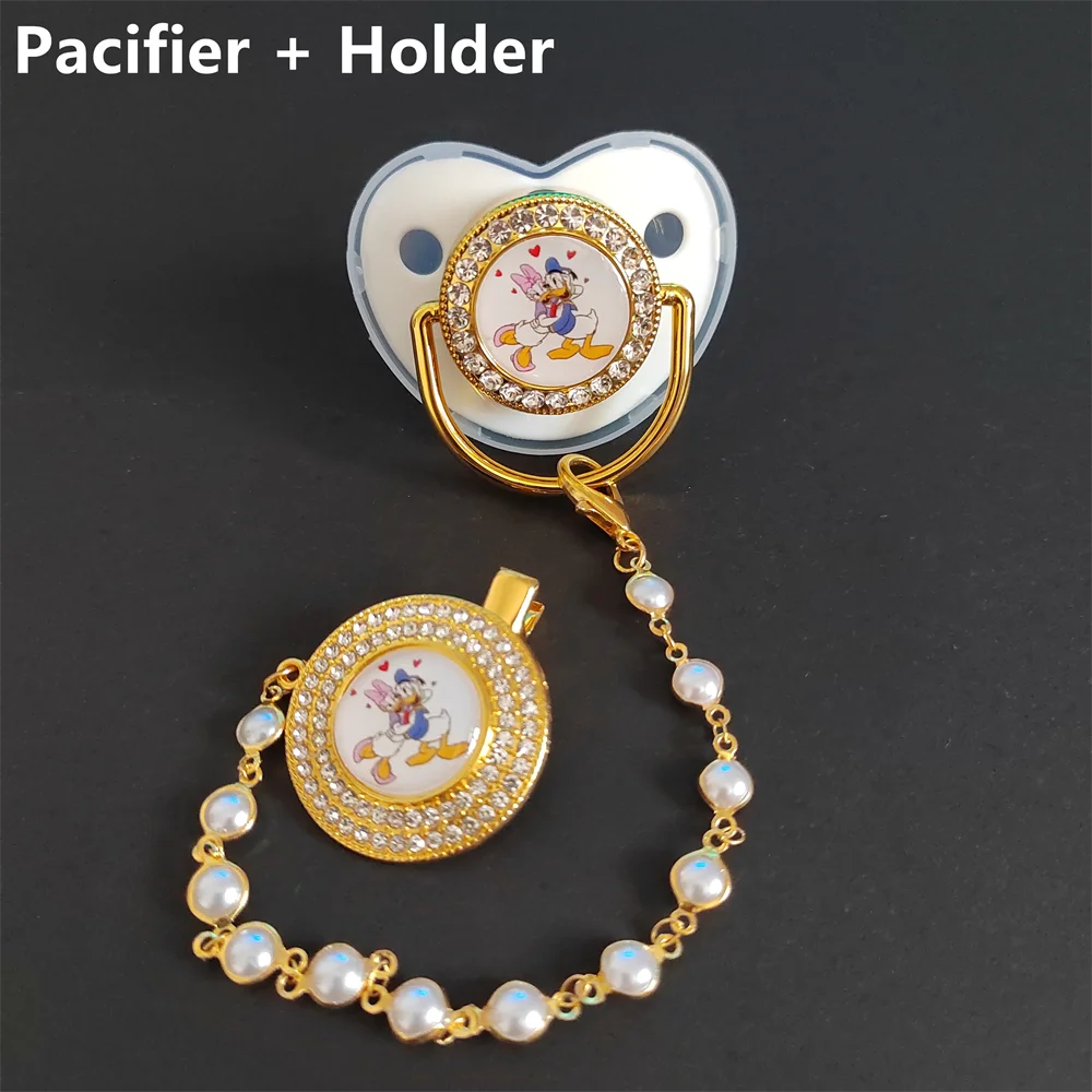 Disney Bling Gold Baby Pacifier Chain Clip Donald Duck Glitter Crystal Newborn Pacifier Silicone Nipples Orthodontic Pacifier