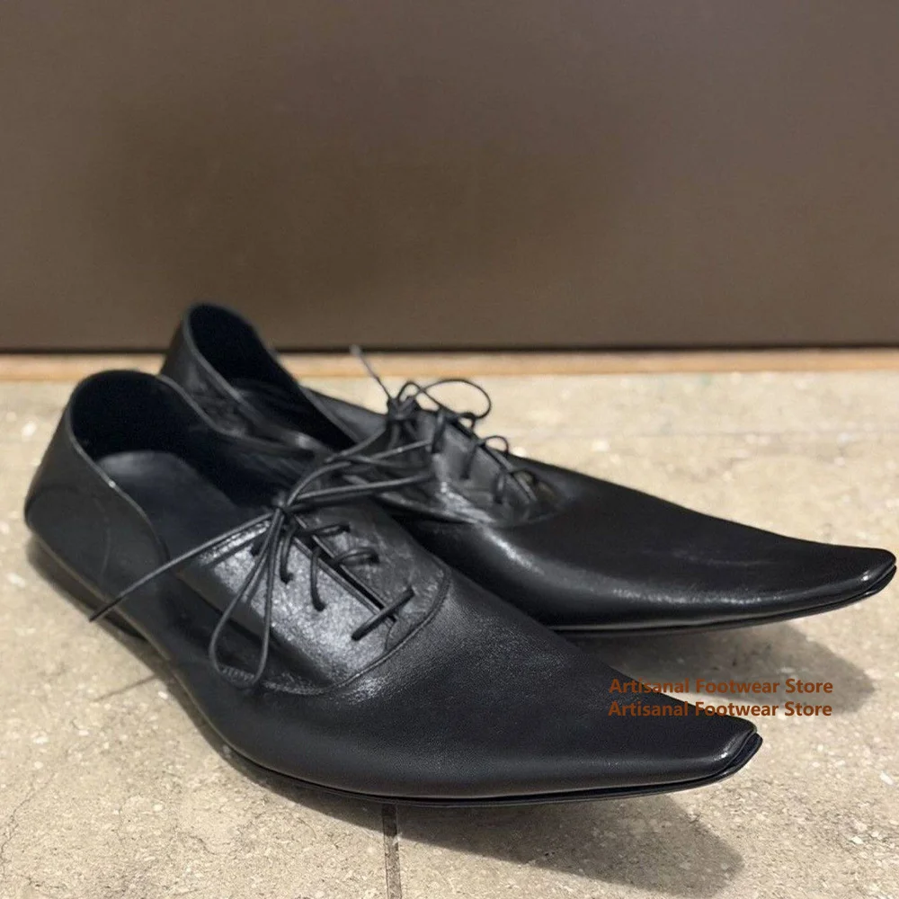 

Black Leather Pointed Toe Derby Shoes Men's Upturned Toe Lace Up Flat Trendy Handmade Height Increasing Luxury Men's Shoes