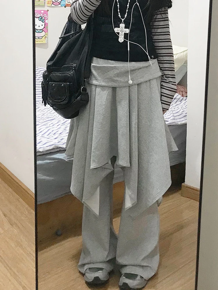 ReddaChic Szare spodnie dresowe z elastyczną talią, szerokie nogawki, asymetryczna spódnica, spodnie do warstwowego noszenia, grunge, koreańskie ubrania damskie