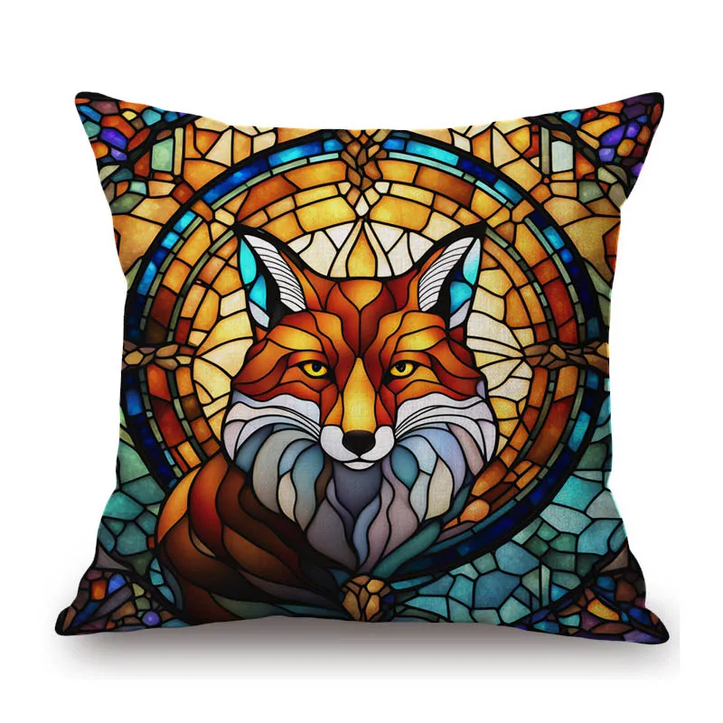 Mosaic Stained Glass Art Little Fox Cute Animal Cotton Linen Home Decorative Sofa Chair Pillow Case Lovely Car Cushion Cover