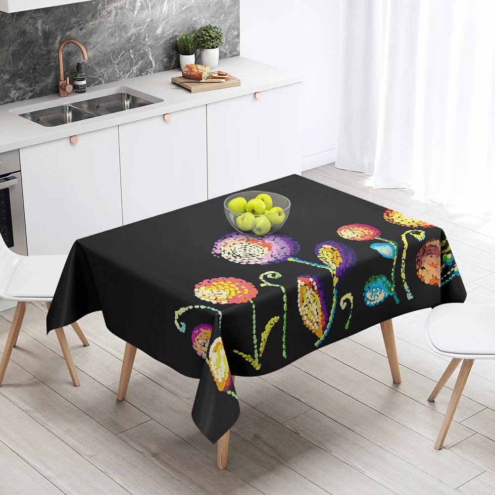 Colorful Flower And Grass Print Pattern Waterproof Tablecloth Picnic Mat Rectangle Wedding Home Living Room Dining Table Decor