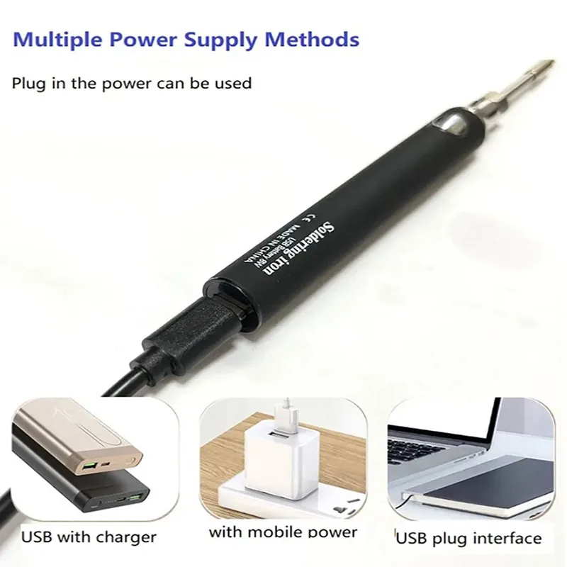 Portable USB Cordless Soldering Iron Tool Pen 5V 8W Electric Powered 3 Tip Kit Rechargeable and Temperature Adjustmen